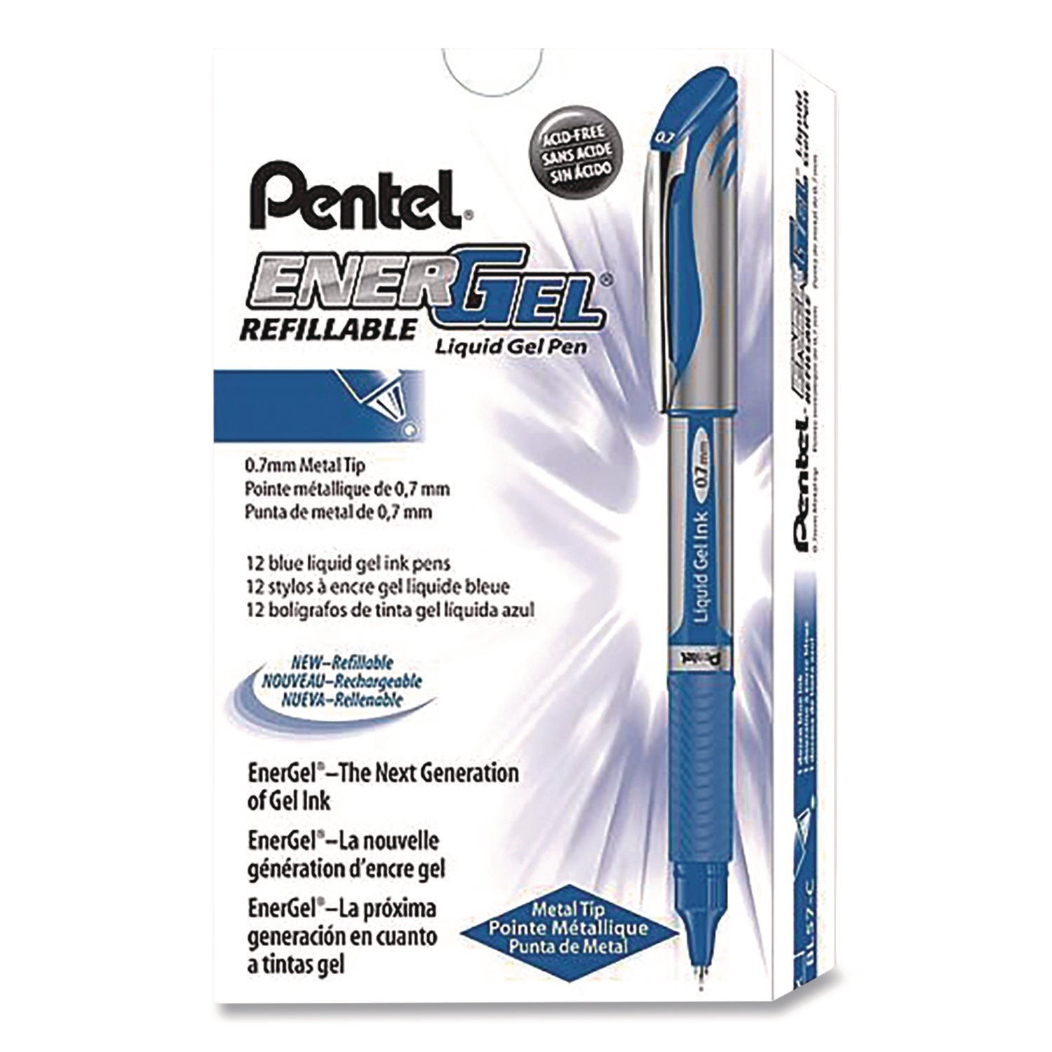 pentel-r-energel-deluxe-gel-pen-stick-medium-0-7-mm-blue-ink-silver-blue-barrel-dozen-penbl57cdz_1